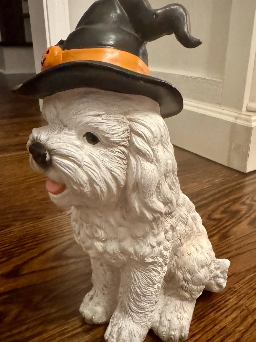 White Maltese Halloween Dog Statue with Black Witch Hat